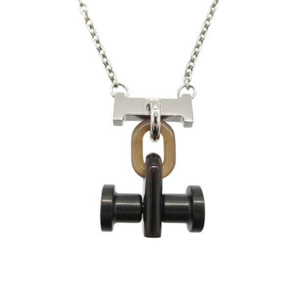Hermes Mobile H Necklace Metal Buffalo Horn Silver Brown 0372